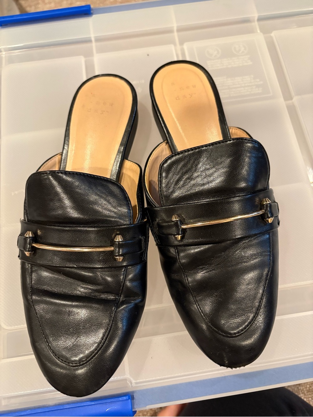 a new day Black Leather Backless Loafers with Gold Bar Detail